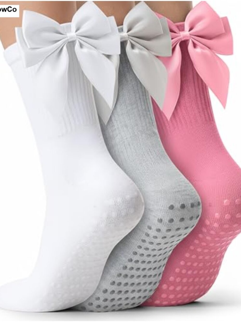 Pilates Socks Non Slip Grips for Women Cotton Satin Bow Athletic Yoga Crew